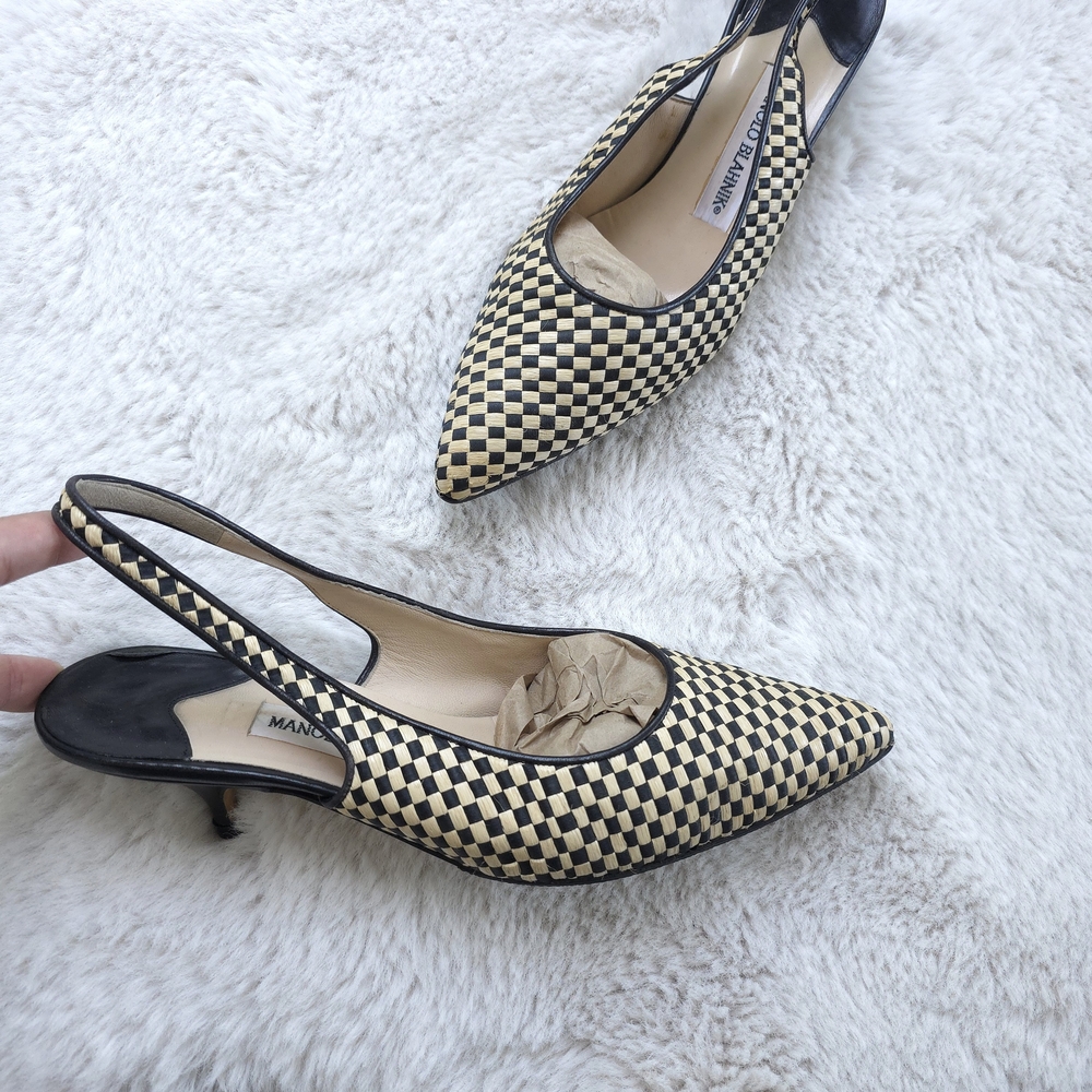 Vintage Manolo Blahnik Y2K Checkered Print Picnic Cream/ Black Slingback Mules